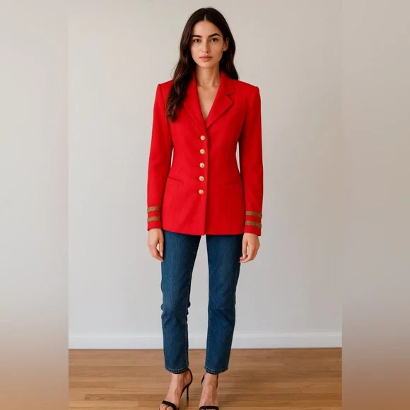 Escada Margaretha Ley Wool Vtg 80s 1980s Poppy Red Gold Nautical Blazer Jacket - Picture 3 of 14